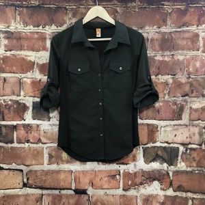 Lucy  Dark Gray Button Front 3/4 Roll Up Tab Top